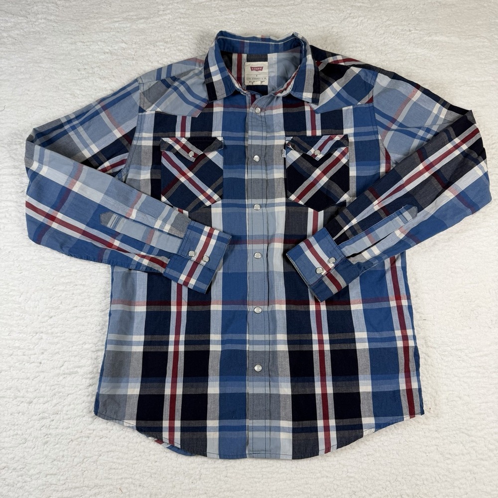 Levi's Western Shirt Mens S Blue Plaid Pearl Snap Long Sleeve Sawtooth Cowboy